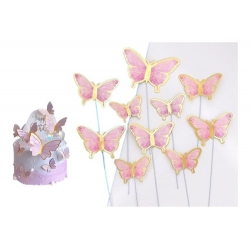 Topper piker dekoracja na tort motyle różowe złote paski roczek urodziny baby shower 10 szt